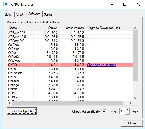 Software page of PXI/PCI Explorer